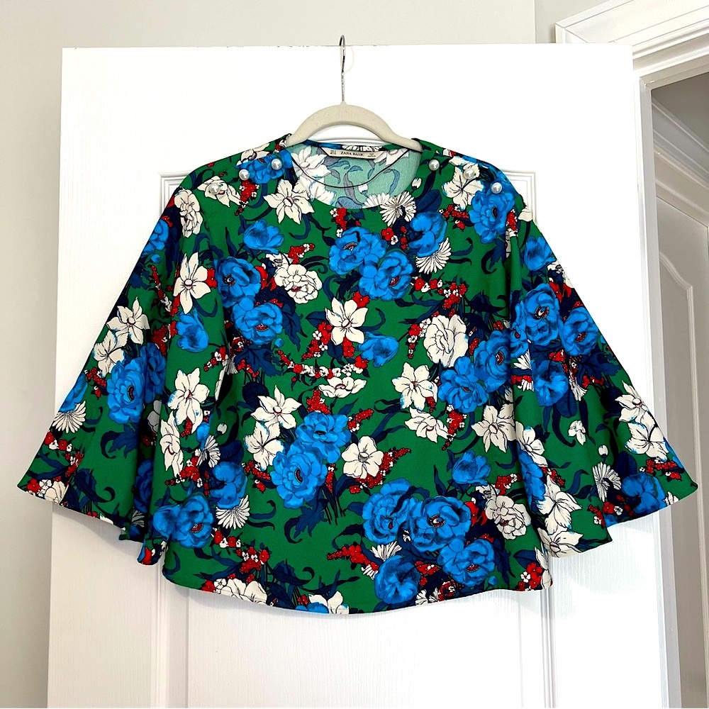 ZARA Green & Red Dark Floral Oriental Pearl Embellished Long Bell Sleeve Blouse